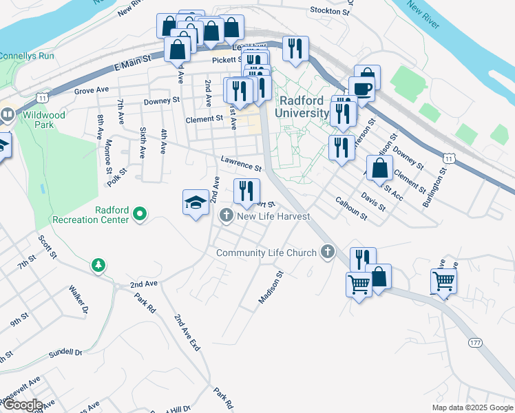 map of restaurants, bars, coffee shops, grocery stores, and more near 115 McConnell Avenue in Radford