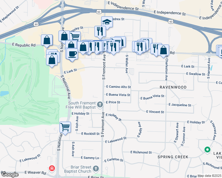 map of restaurants, bars, coffee shops, grocery stores, and more near 1424 East Buena Vista Street in Springfield