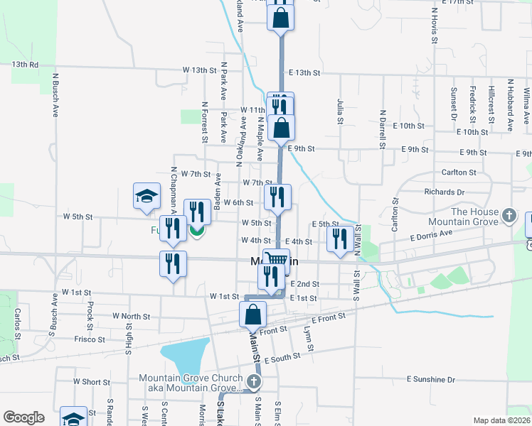 map of restaurants, bars, coffee shops, grocery stores, and more near 100-198 West 5th Street in Mountain Grove