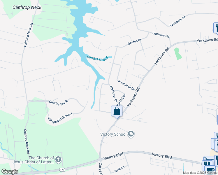 map of restaurants, bars, coffee shops, grocery stores, and more near 20 Westover Drive in Poquoson