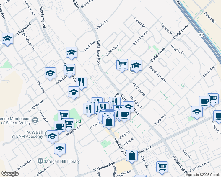 map of restaurants, bars, coffee shops, grocery stores, and more near 135 East Main Avenue in Morgan Hill