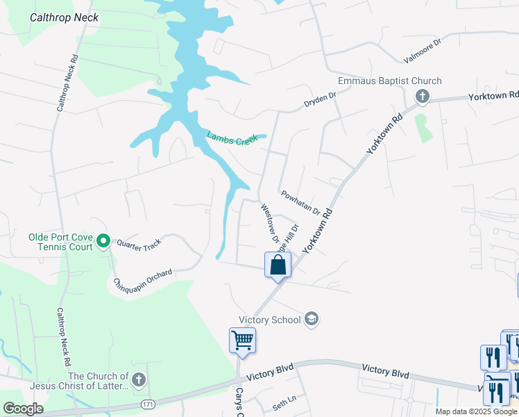 map of restaurants, bars, coffee shops, grocery stores, and more near 20 Westover Drive in Poquoson
