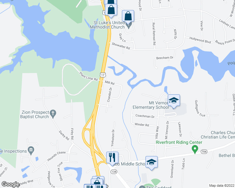 map of restaurants, bars, coffee shops, grocery stores, and more near 308 Mill Road in Yorktown