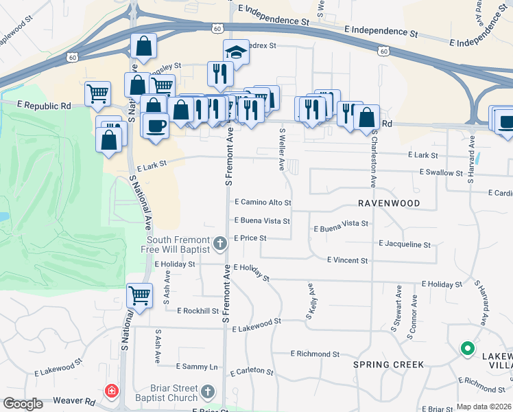 map of restaurants, bars, coffee shops, grocery stores, and more near 1464 East Buena Vista Street in Springfield
