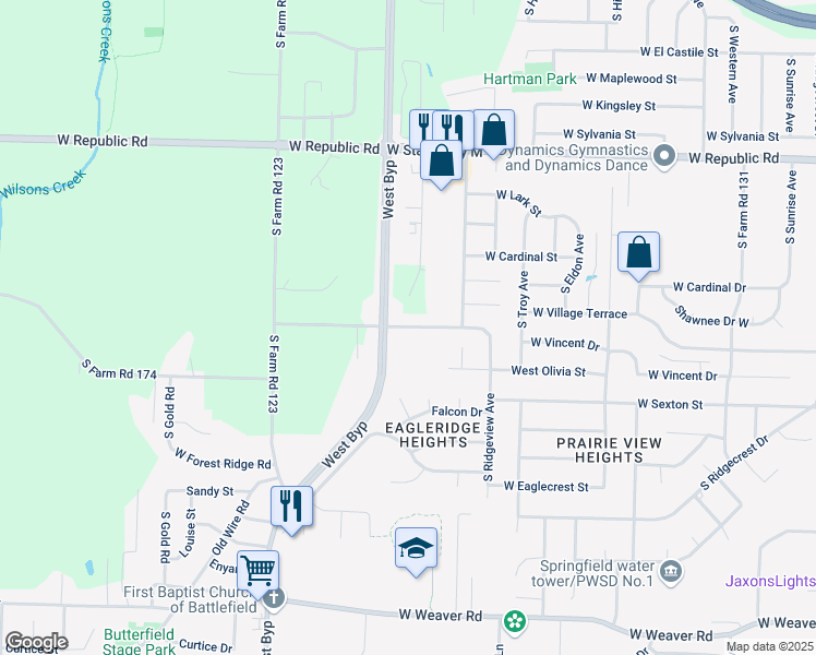 map of restaurants, bars, coffee shops, grocery stores, and more near 4085 West Farm Road 172 in Battlefield