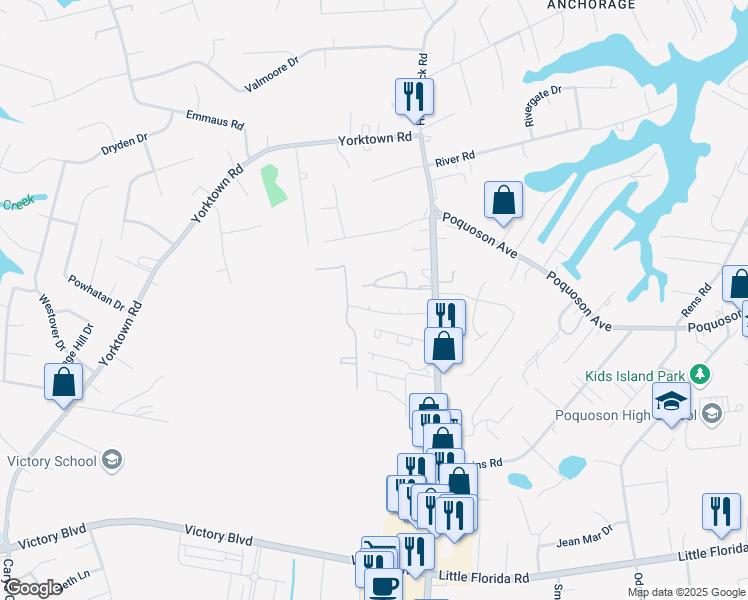 map of restaurants, bars, coffee shops, grocery stores, and more near 56 Wainwright Drive in Poquoson