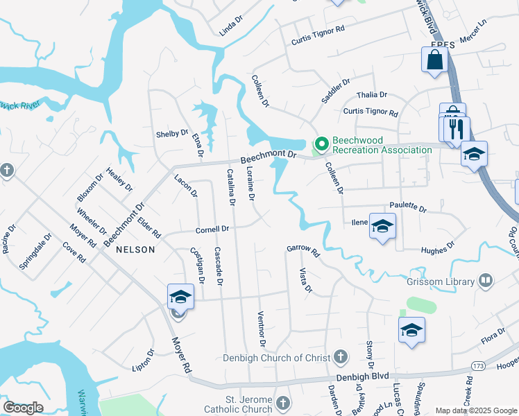 map of restaurants, bars, coffee shops, grocery stores, and more near 874 Loraine Drive in Newport News