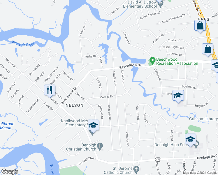 map of restaurants, bars, coffee shops, grocery stores, and more near 880 Cascade Drive in Newport News