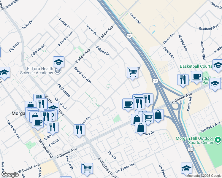 map of restaurants, bars, coffee shops, grocery stores, and more near 664 Juliann Way in Morgan Hill