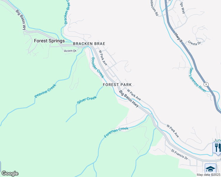 map of restaurants, bars, coffee shops, grocery stores, and more near 14525 Big Basin Way in Boulder Creek