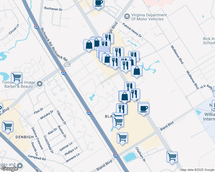 map of restaurants, bars, coffee shops, grocery stores, and more near 574 Turnberry Boulevard in Newport News