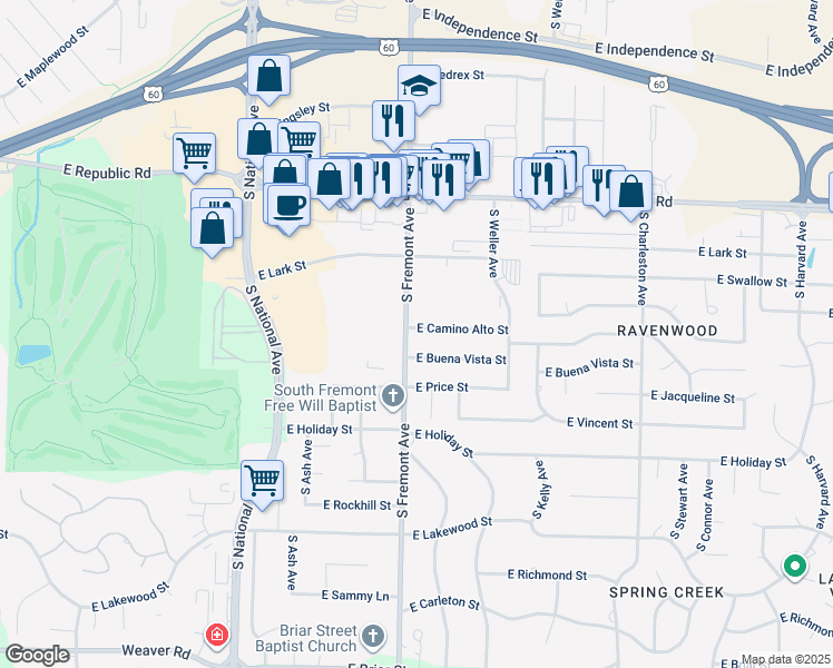 map of restaurants, bars, coffee shops, grocery stores, and more near 4414 South Fremont Avenue in Springfield