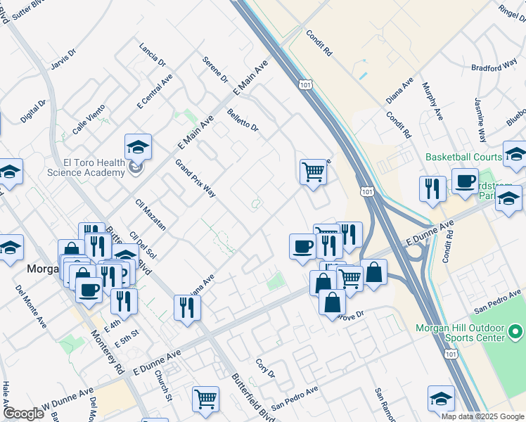map of restaurants, bars, coffee shops, grocery stores, and more near 664 Juliann Way in Morgan Hill