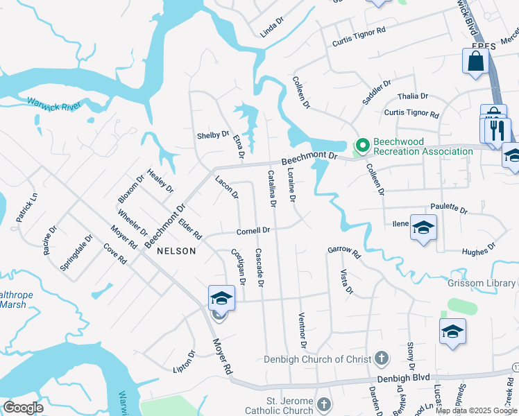 map of restaurants, bars, coffee shops, grocery stores, and more near 880 Cascade Drive in Newport News