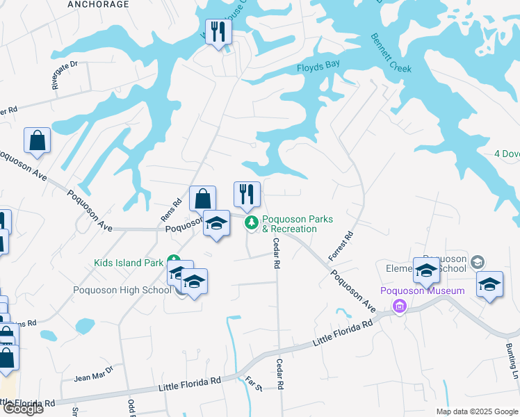 map of restaurants, bars, coffee shops, grocery stores, and more near 833 Poquoson Avenue in Poquoson