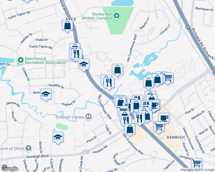 map of restaurants, bars, coffee shops, grocery stores, and more near 14503 Old Courthouse Way in Newport News