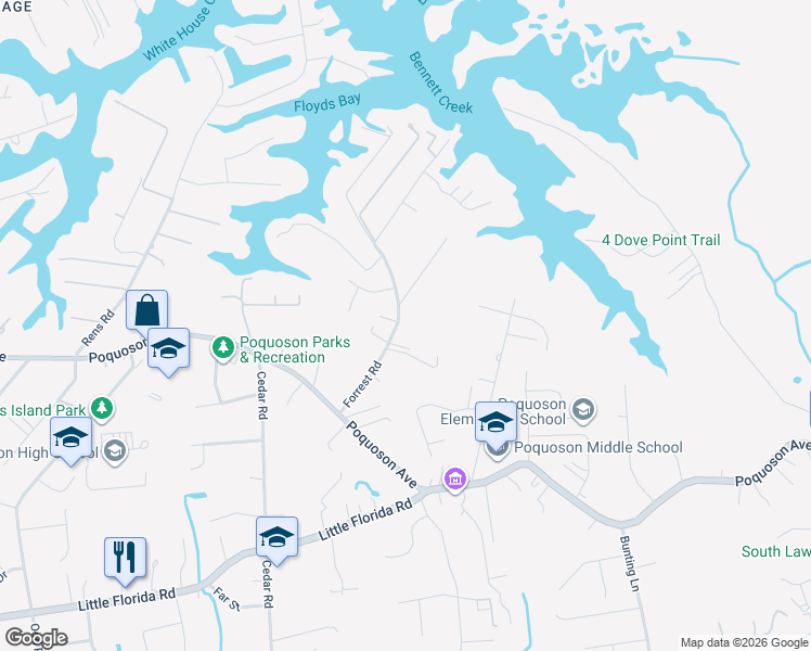 map of restaurants, bars, coffee shops, grocery stores, and more near 58 Forrest Road in Poquoson