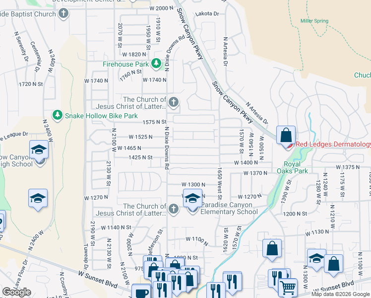 map of restaurants, bars, coffee shops, grocery stores, and more near 1450 North Dixie Downs Road in St. George
