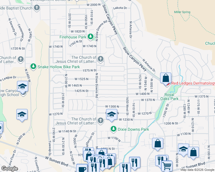 map of restaurants, bars, coffee shops, grocery stores, and more near Unnamed Road in St. George
