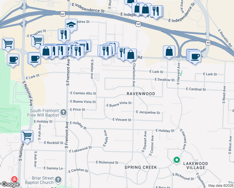 map of restaurants, bars, coffee shops, grocery stores, and more near 1701 East Camino Alto Street in Springfield