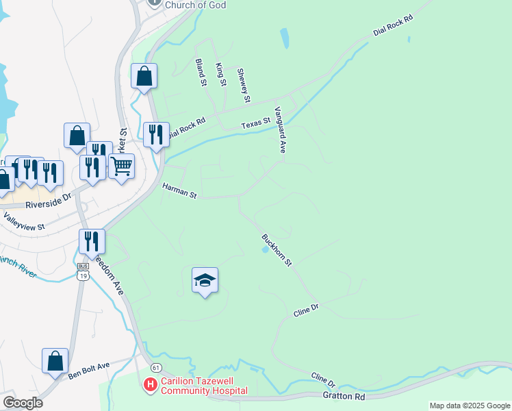 map of restaurants, bars, coffee shops, grocery stores, and more near Harmon St in North Tazewell
