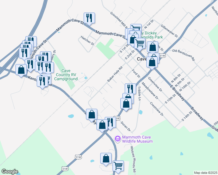 map of restaurants, bars, coffee shops, grocery stores, and more near 363 Baker Hale Road in Cave City