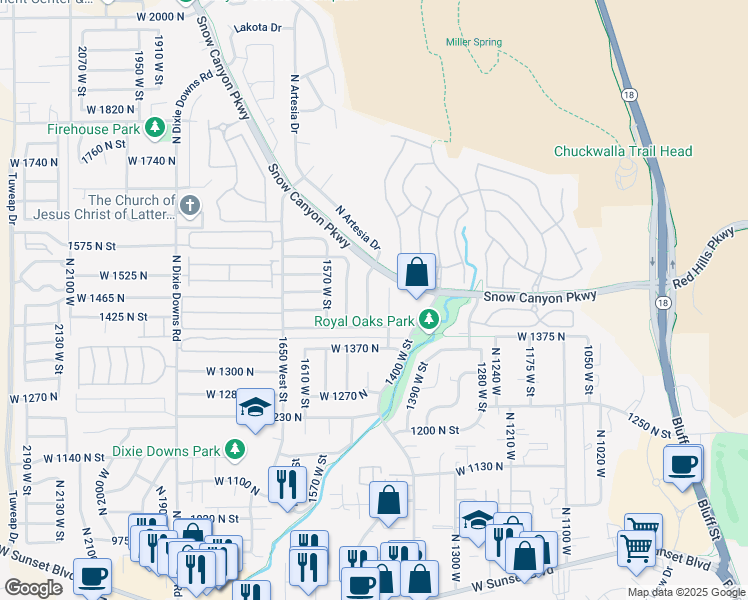 map of restaurants, bars, coffee shops, grocery stores, and more near 1454 North 1500 West in St. George