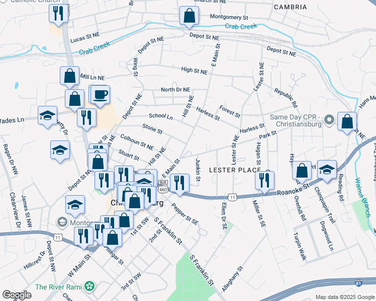 map of restaurants, bars, coffee shops, grocery stores, and more near 311 East Main Street in Christiansburg