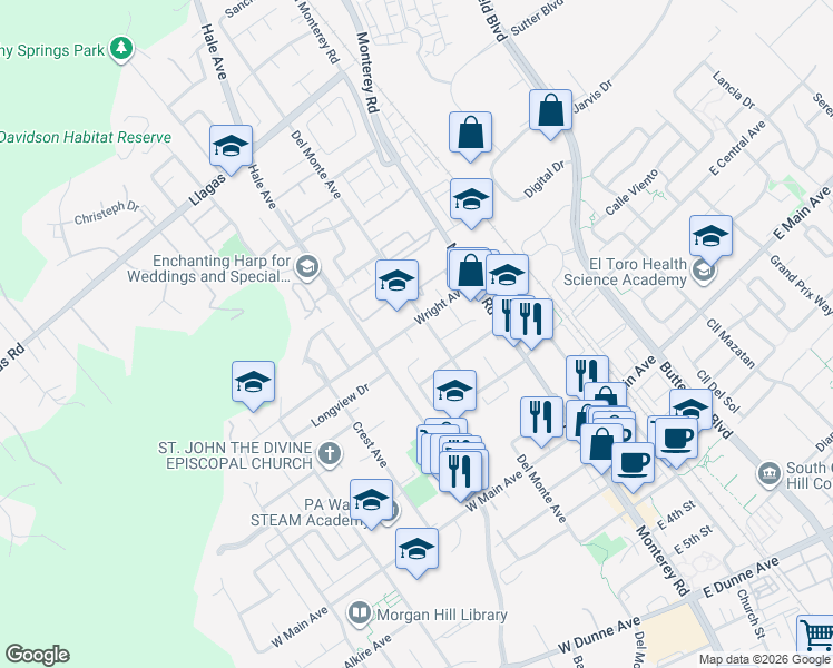 map of restaurants, bars, coffee shops, grocery stores, and more near 85 Wright Avenue in Morgan Hill