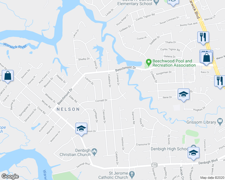 map of restaurants, bars, coffee shops, grocery stores, and more near 886 Catalina Drive in Newport News