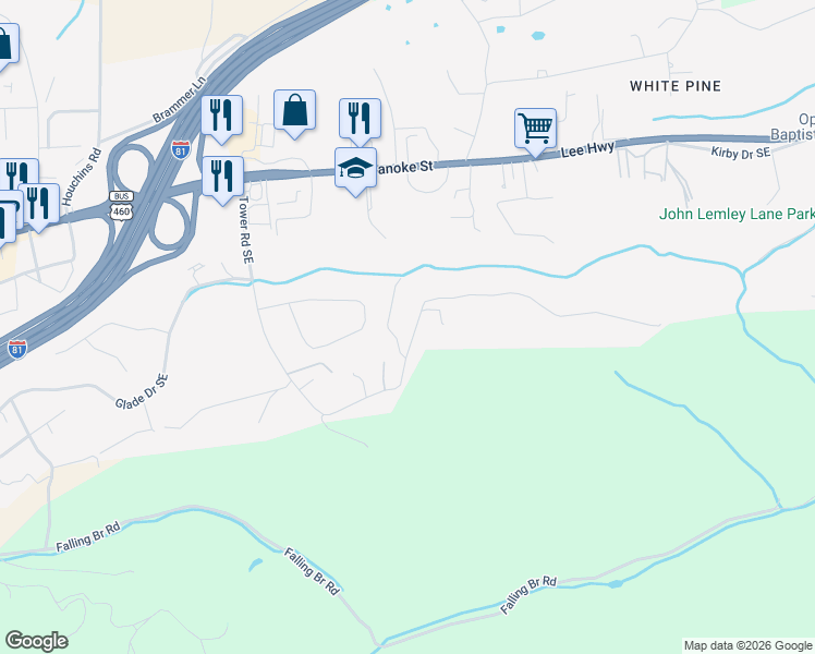 map of restaurants, bars, coffee shops, grocery stores, and more near 1132-1610 Tower Rd in Christiansburg