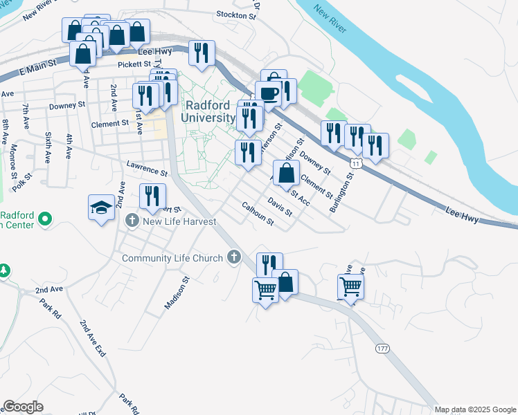 map of restaurants, bars, coffee shops, grocery stores, and more near 524 Calhoun Street in Radford