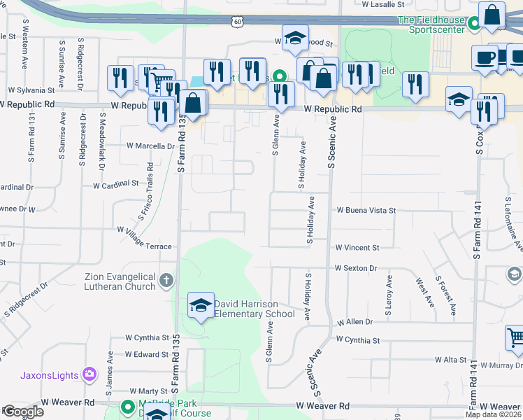 map of restaurants, bars, coffee shops, grocery stores, and more near 2936 W Camino Alto St in Springfield