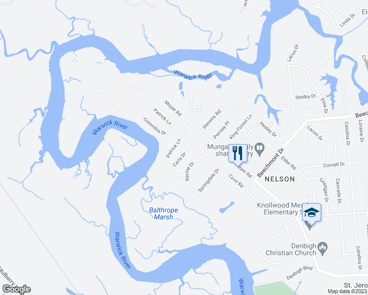 map of restaurants, bars, coffee shops, grocery stores, and more near 113 Carla Drive in Newport News