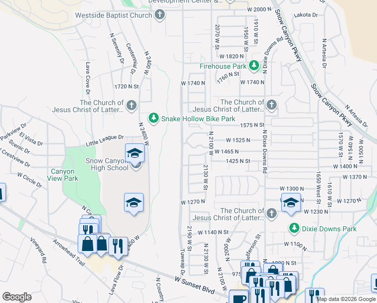 map of restaurants, bars, coffee shops, grocery stores, and more near 2198 West 1465 North in St. George