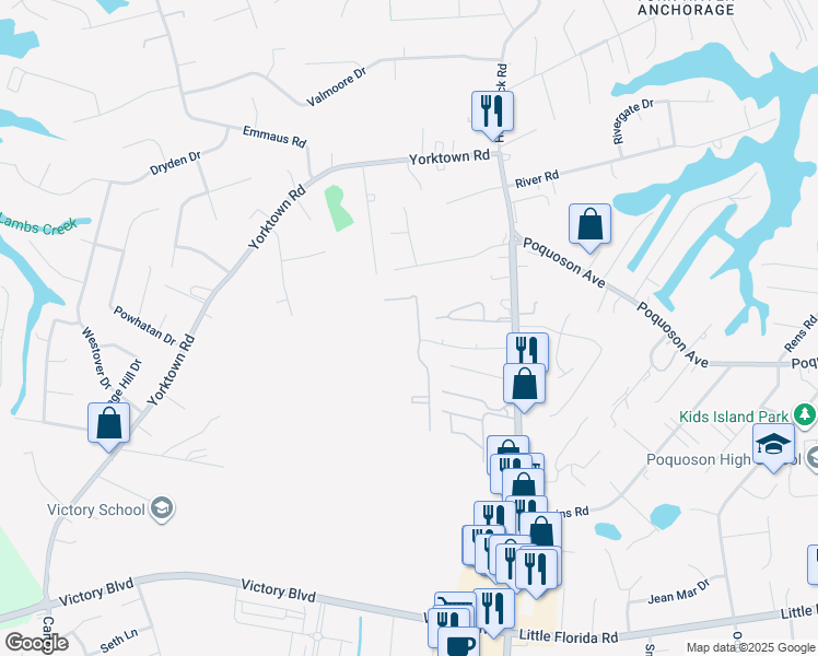 map of restaurants, bars, coffee shops, grocery stores, and more near 70 Charles Parish Drive in Poquoson