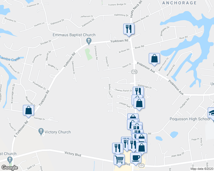 map of restaurants, bars, coffee shops, grocery stores, and more near 70 Charles Parish Drive in Poquoson
