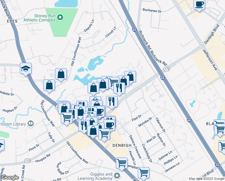 map of restaurants, bars, coffee shops, grocery stores, and more near 467 Oriana Road in Newport News