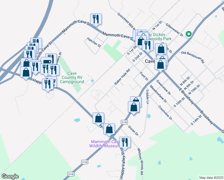 map of restaurants, bars, coffee shops, grocery stores, and more near 100 Park Haven Drive in Cave City