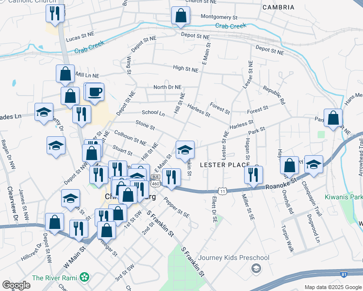 map of restaurants, bars, coffee shops, grocery stores, and more near 311 East Main Street in Christiansburg