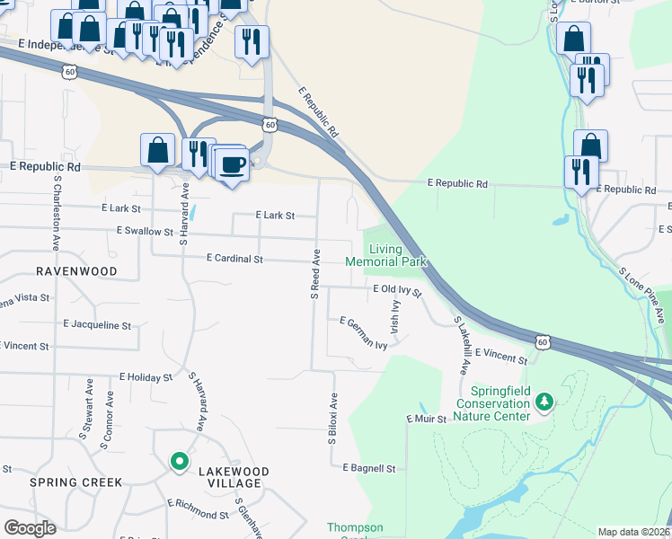map of restaurants, bars, coffee shops, grocery stores, and more near 4219 South Glenstone Avenue in Springfield