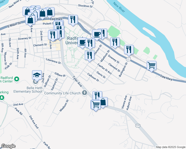 map of restaurants, bars, coffee shops, grocery stores, and more near 524 Calhoun Street in Radford