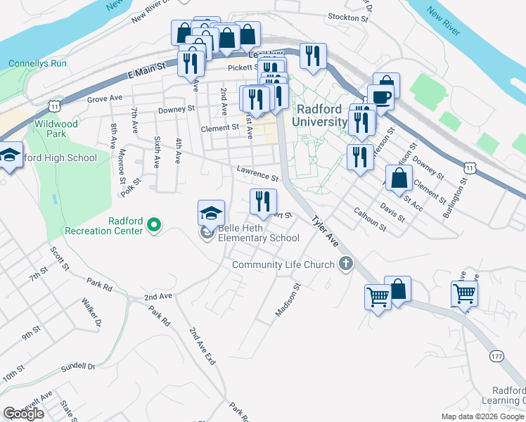 map of restaurants, bars, coffee shops, grocery stores, and more near 912 Gilbert Street in Radford