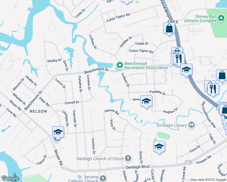 map of restaurants, bars, coffee shops, grocery stores, and more near 285 Paulette Dr in Newport News