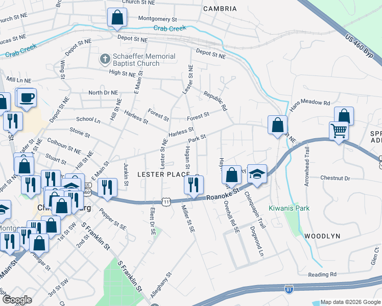 map of restaurants, bars, coffee shops, grocery stores, and more near 401 Park Street in Christiansburg