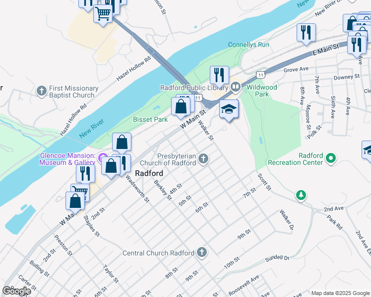 map of restaurants, bars, coffee shops, grocery stores, and more near 213 2nd Street in Radford