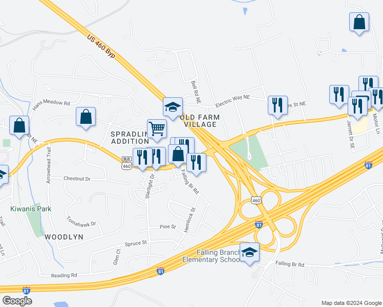 map of restaurants, bars, coffee shops, grocery stores, and more near 1610 Roanoke Street in Christiansburg