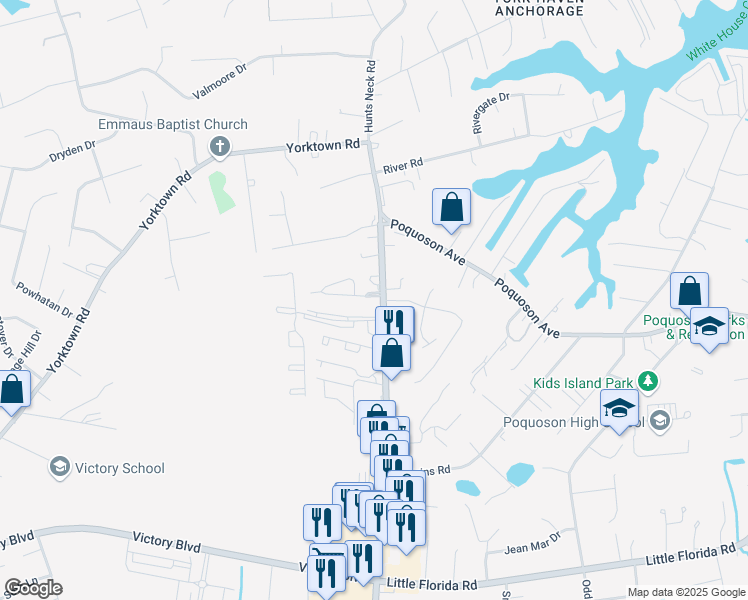 map of restaurants, bars, coffee shops, grocery stores, and more near 39 West Wainwright Drive in Poquoson