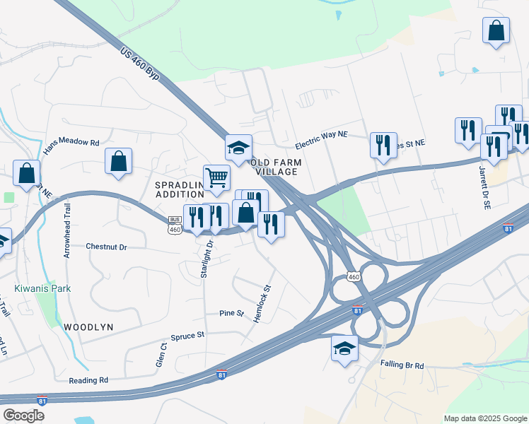 map of restaurants, bars, coffee shops, grocery stores, and more near 1610 Roanoke Street in Christiansburg