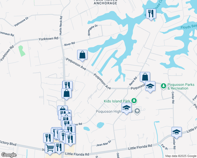 map of restaurants, bars, coffee shops, grocery stores, and more near 698 Poquoson Avenue in Poquoson